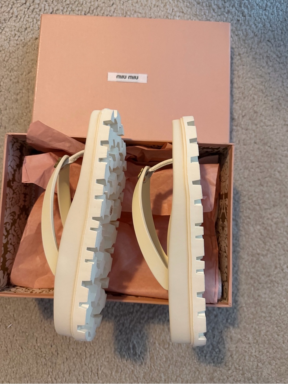 Miu Miu Cream Platform Treaded Flip-Flop Sandals